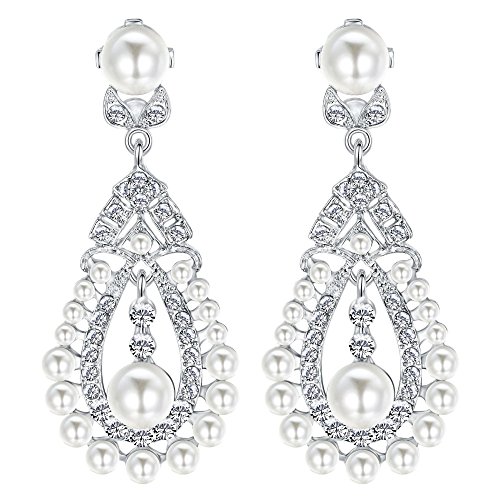 EVER FAITH Damen Kristall Creme Simulierte Perle Braut Floral Teardrop Kronleuchter Ohrringe Klar Silber-Ton von EVER FAITH