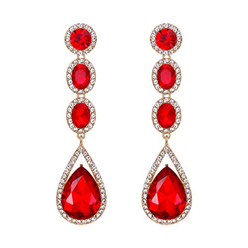 EVER FAITH Damen Kristall Hochzeit Mode Teardrop Lange Baumeln Kronleuchter Ohrringe Rot Silber-Ton von EVER FAITH