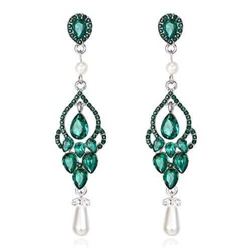 EVER FAITH Damen Kristall Simulierte Perle Braut Floral Blatt Teardrop Lange Baumeln Ohrringe Grün Silber-Ton von EVER FAITH