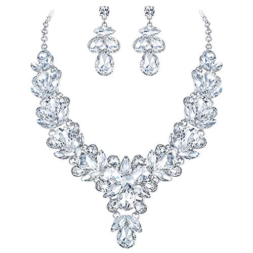 EVER FAITH Damen Marquise Kristall Blumen Blatt Teardrop Braut Party Halskette Ohrringe Set Schmuck Klar Silber-Ton von EVER FAITH