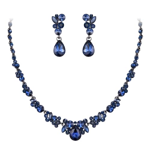 EVER FAITH Damen Österreich Kristall Braut Floral Teardrop Halskette Ohrringe Set Blau Schwarz-Ton von EVER FAITH