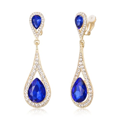 EVER FAITH Damen Österreich Kristall Hochzeit Braut 2 Teardrop Clip-on Ohrringe baumeln Blau Gold-Ton von EVER FAITH
