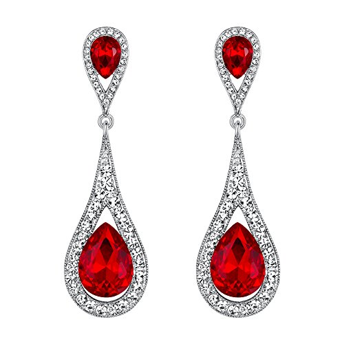 EVER FAITH Damen Österreichische Kristall Elegant Dual Tropfen Stecker Dangle Ohrringe Ruby Rot Silber-Ton von EVER FAITH