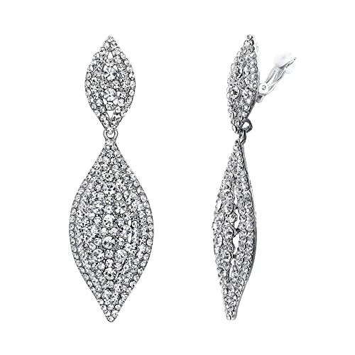 EVER FAITH Damen Ohrclips Hänger Kristall Hochzeit Braut Party Vintage Charm 2 Blatt Ohrringe Clip Klar Silber-Ton von EVER FAITH