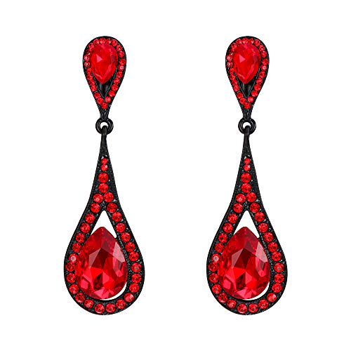 EVER FAITH Damen Ohrclips Österreich Kristall Hochzeit Braut 2 Teardrop Clip-on Ohrringe baumeln Rot Schwarz -Ton von EVER FAITH