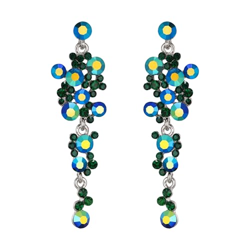 EVER FAITH Damen Ohrringe Kristall Hochzeit Party Bohemian Boho Blumen Kronleuchter lange Ohrhänger Grün Silber-Ton von EVER FAITH