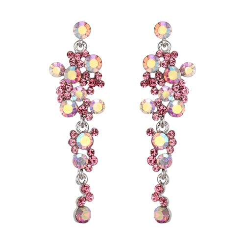 EVER FAITH Damen Ohrringe Kristall Hochzeit Party Bohemian Boho Blumen Kronleuchter lange Ohrhänger Rosa Silber-Ton von EVER FAITH