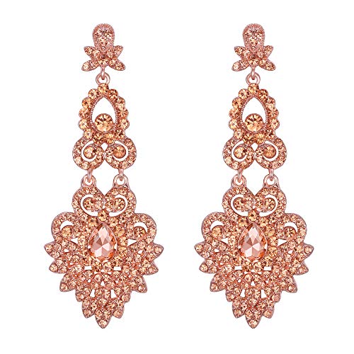 EVER FAITH Damen Ohrringe Kristall Hochzeit Vintage Party Abendessen Stil Floral Blatt Kronleuchter Ohrhänger Champagne-Rosa Gold-Ton von EVER FAITH