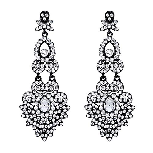 EVER FAITH Damen Ohrringe Kristall Hochzeit Vintage Party Abendessen Stil Floral Blatt Kronleuchter Ohrhänger Klar Schwarz-Ton von EVER FAITH
