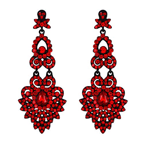 EVER FAITH Damen Ohrringe Kristall Hochzeit Vintage Party Abendessen Stil Floral Blatt Kronleuchter Ohrhänger Rot Schwarz-Ton von EVER FAITH