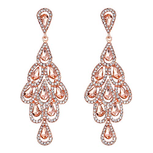 EVER FAITH Damen Ohrringe Kristall Hochzeit aushöhlen Teardrop Anweisung durchbohrte Kronleuchter Ohrstecker Champagne Farbe Rosa-Gold-Ton von EVER FAITH