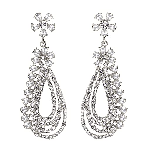 EVER FAITH Damen Ohrringe Strass Kristall Blume Oval Hoop Drop Dangle Kronleuchter lange Ohrstecker Klar Silber-Ton von EVER FAITH