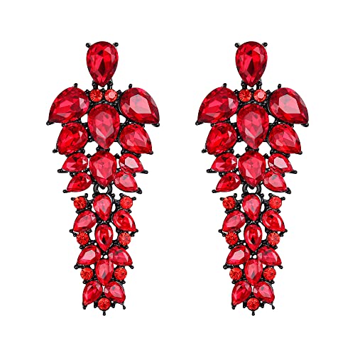 EVER FAITH Damen Ohrringe Strass Kristall Cluster Teardrop Statement hängend Chandelier Ohrstecker für Damen Rot von EVER FAITH