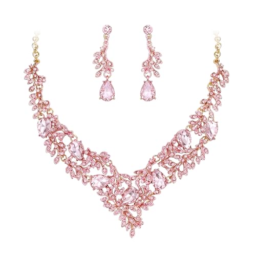 EVER FAITH Damen Schmuck Sets Strass Kristall Blumen Blatt Vine Teardrop Halskette und Hangle Tropfen Ohrringe Set für Braut Hochzeit Party Rosa Gold-Ton EVER FAITH Damen Schmuck Sets Strass Kristall Blumen Blatt Vine Teardrop Halskette und Hangle Tropfen Ohrringe Set für Braut Hochzeit Party Rosa Gold-Ton von EVER FAITH