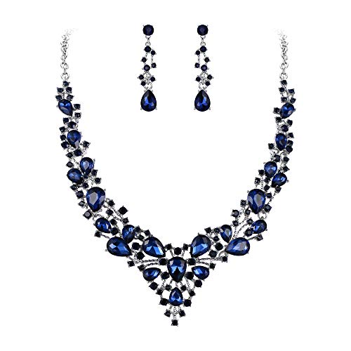 EVER FAITH Damen Schmuckset Brautschmuck Set Kristall Blume Blatt Rebe Teardrop Hochzeit Halskette Ohrringe Blau Silber-Ton von EVER FAITH