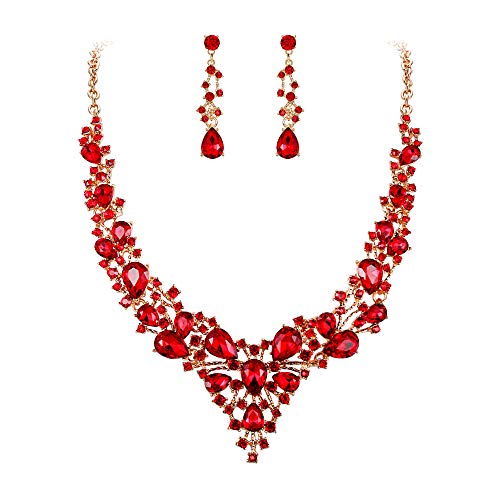 EVER FAITH Damen Schmuckset Brautschmuck Set Kristall Blume Blatt Rebe Teardrop Hochzeit Halskette Ohrringe Rot Gold-Ton von EVER FAITH