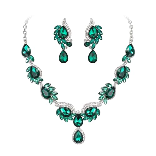 EVER FAITH Damen Schmuckset Kristall Hochzeit Blumen Blatt Träne Halskette Ohrringe Set Grün von EVER FAITH