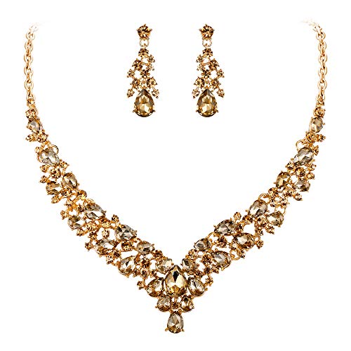 EVER FAITH Damen Schmuckset Kristall Hochzeit Braut Teardrop ClusterNecklace Ohrringe Schmuck Set Braun Gold-Ton von EVER FAITH