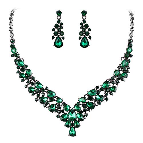 EVER FAITH Damen Schmuckset Kristall Hochzeit Braut Teardrop ClusterNecklace Ohrringe Schmuck Set Grün Schwarz-Ton von EVER FAITH