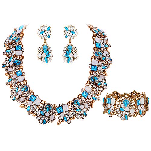EVER FAITH Damen Schmuckset Kristall Vintage Floral Chunky Choker Halskette Ohrringe Armband Set (Blau) von EVER FAITH