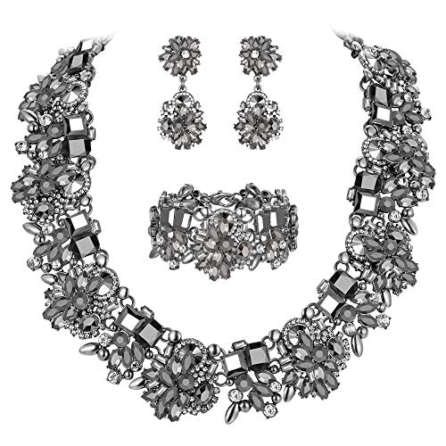 EVER FAITH Damen Schmuckset Kristall Vintage Floral Chunky Choker Halskette Ohrringe Armband Set Schwarz Schwarz-Ton von EVER FAITH