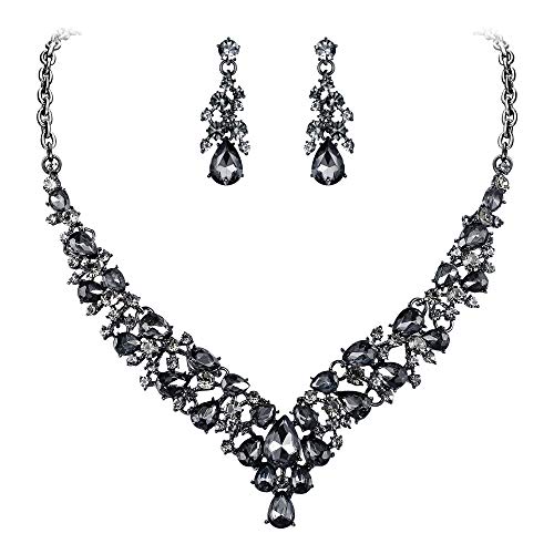 EVER FAITH Damen Schmuckset Kristall Hochzeit Braut Teardrop ClusterNecklace Ohrringe Schmuck Set Grau Schwarz-Ton von EVER FAITH