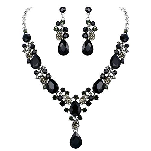 EVER FAITH Damen Schmuckset Strass Kristall Elegant Teardrop Träne Blatt Vine Halskette Ohrringe Set Schwarz Silber-Tone von EVER FAITH