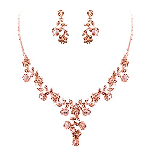 EVER FAITH Damen Schmuckset österreichische Kristall Hochzeits Blatt Weinlese Halsketten Ohrringe Schmuck Set Champagner-Rose Gold-Ton von EVER FAITH