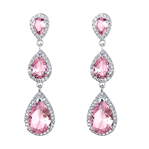 EVER FAITH Damen Zirkonia Hochzeit Braut 3 Teardrop lange baumeln Ohrringe Rosa Silber-Ton von EVER FAITH