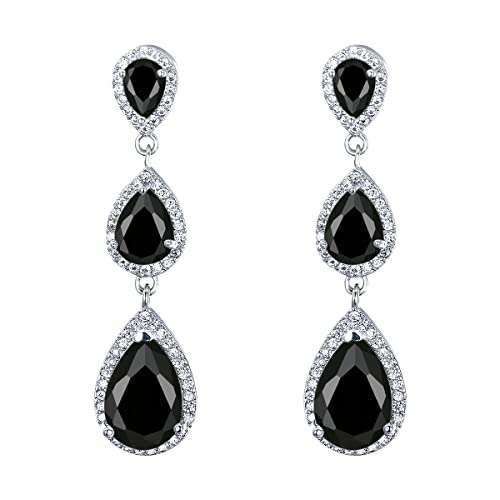 EVER FAITH Damen Zirkonia Hochzeit Braut 3 Teardrop lange baumeln Ohrringe Schwarz Silber-Ton von EVER FAITH