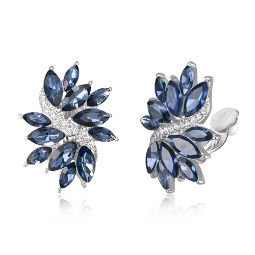 EVER FAITH Dunkel-Blau Strass Ohrclips Glitter Marquise Kristall Vintage Statement Clip on Ohrringefür Damen Braut Hochzeit Party Prom Schmuck Silber-Ton von EVER FAITH