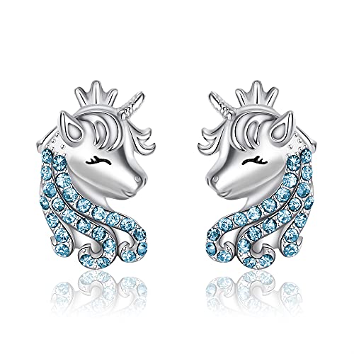 EVER FAITH Einhorn Ohrstecker für Mädchen 925 Sterling Silber Mehrfarbig Cubic Zirconia Glück Unicorn Ohrringe Geschenk für Tochter Enkelin Blau von EVER FAITH