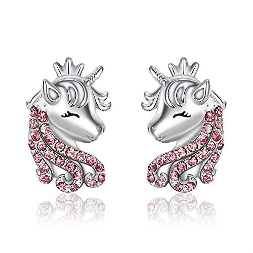 EVER FAITH Einhorn Ohrstecker für Mädchen 925 Sterling Silber Mehrfarbig Cubic Zirconia Glück Unicorn Ohrringe Geschenk für Tochter Enkelin Rosa von EVER FAITH