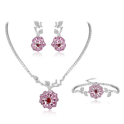 EVER FAITH Elegante Rose Schmuck-Set für Prom Weiß Cubic Zirkonia Hochzeit Party Hot Pink Blume Anhänger Halskette Ohrringe Tennis-Armband-Set für Damen von EVER FAITH