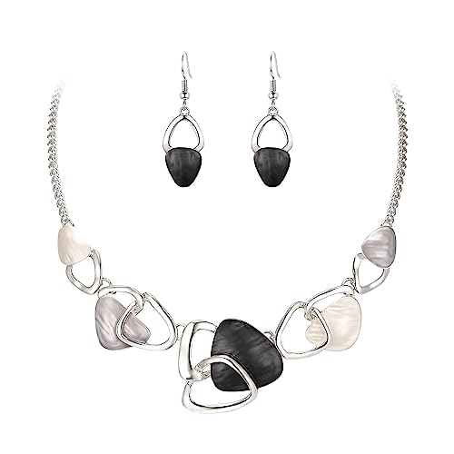 EVER FAITH Emaille unregelmäßige Dreieck böhmischen Boho Statement-Schmuck-Sets für Damen, Mode Modeschmuck Anhänger Halskette Ohrringe Set Schmuck Geschenke für Damen Schwarz Silber-Ton von EVER FAITH