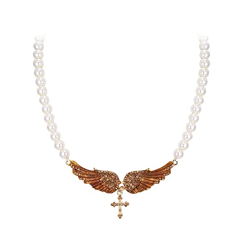 EVER FAITH Engelsflügel Halskette Strass Kristall Simulierte Perlen Emaille Engel Flügel Kette mit Kreuz Anhänger Braun von EVER FAITH