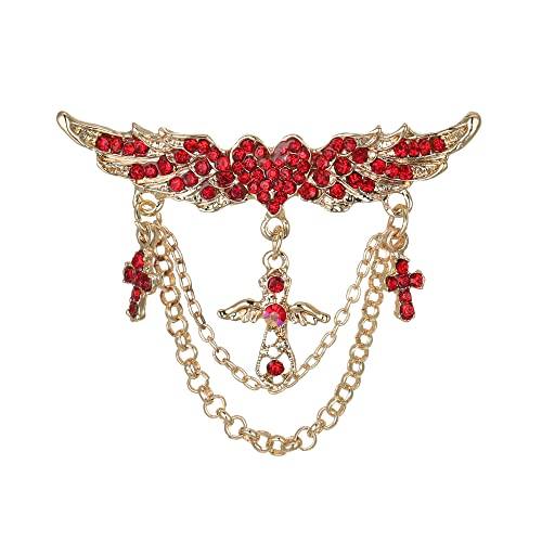 EVER FAITH Engelsflügel Kreuz Brosche mit Quastenkette Strass Kristall Anstecknadel für Frauen Mädchen Rot Gold-Tone von EVER FAITH