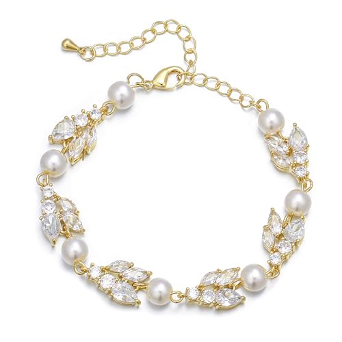 EVER FAITH Faux Perle Armband für Party Zirkonia weiß vergoldet simulierte Perle Teardrop verstellbare Armkette für Damen von EVER FAITH
