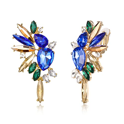 EVER FAITH Flügel Kristall Ohrclips Mode Statement Ohrringe Art Deco bunte Marquise Tropfen Braut baumeln Clip-on für Damen Blau mit Champagner Gold-Tone von EVER FAITH