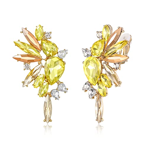 EVER FAITH Flügel Kristall Ohrclips Mode Statement Ohrringe Art Deco bunte Marquise Tropfen Braut baumeln Clip-on für Damen Gelb schillernd AB Gold-Tone von EVER FAITH