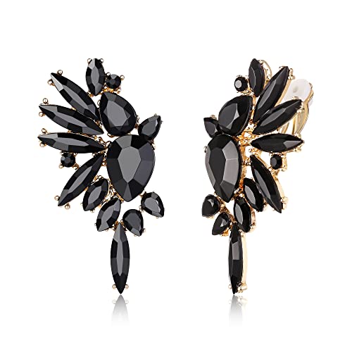 EVER FAITH Flügel Kristall Ohrclips Mode Statement Ohrringe Art Deco bunte Marquise Tropfen Braut baumeln Clip-on für Damen Schwarz Gold-Tone von EVER FAITH