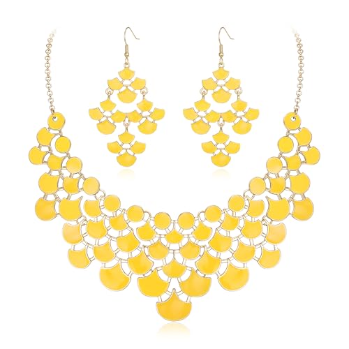 EVER FAITH Gelb Statement Kragen Halskette mit Ohrringe Set, Emaille Vintage Chunky Bib Modeschmuck Sets für Damen von EVER FAITH