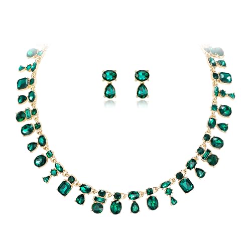 EVER FAITH Geometrische Edelstein Choker Modeschmuck Strass Kristall Art Deco Statement Halskette Mode Schmuck für Damen Hochzeit Prom Grün Gold-Tone von EVER FAITH