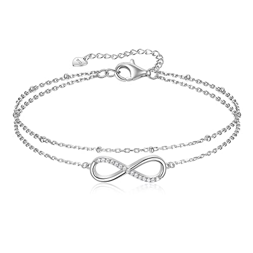 EVER FAITH Geschichtete Fußkettchen Herz Figur 8 Unendlich 925 Sterling Silber Zarte weiße Zirkonia Klein Bead verstellbar Fußkette Schmuck Silber-Ton von EVER FAITH