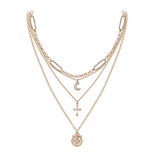 EVER FAITH Geschichtete Halskette für Damen Mädchen, Mond Münzen Kreuz Anhänger Halskette Chunky Chain Choker Layer Halskette Gold-Ton von EVER FAITH