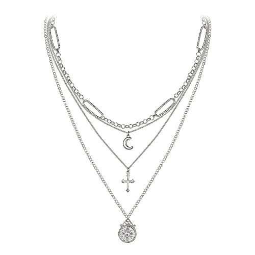 EVER FAITH Geschichtete Halskette für Damen Mädchen, Mond Münzen Kreuz Anhänger Halskette Chunky Chain Choker Layer Halskette Silber-Ton von EVER FAITH