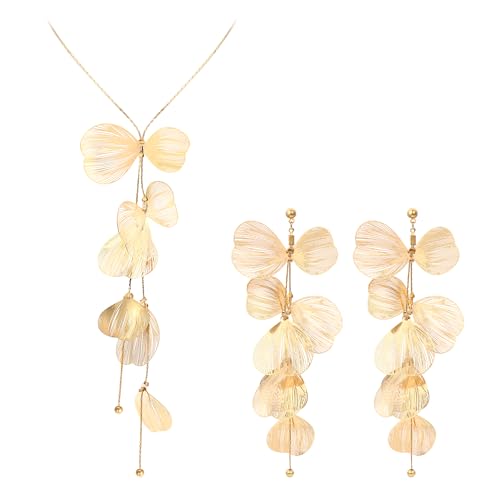 EVER FAITH Gold Statement Halskette Ginkgo Biloba Blume Blatt Anhänger Choker Halskette, Vintage Boho Handmade lange Quaste Y mit Kronleuchter Ohrringe für Damen von EVER FAITH