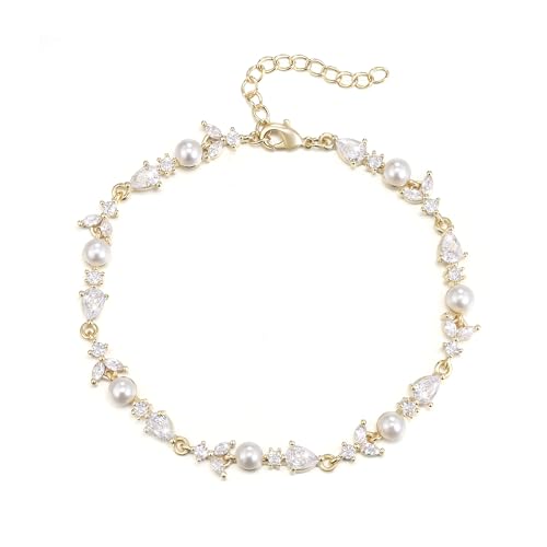 EVER FAITH Gorgeous Cubic Zirkonia Armband simulierte Perle klar Marquise Teardrop Kristall Armkette Brautschmuck für Damen Prom Hochzeit Klar Gold-Ton von EVER FAITH