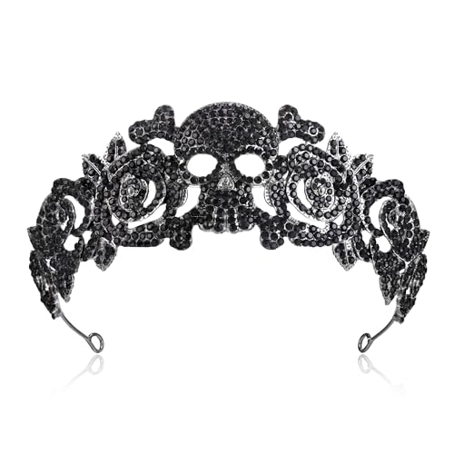 EVER FAITH Gothic Halloween Kopfschmuck Tiara für Damen, Strass Kristall Schädel Rose Blume Stirnband Königin Krone Haarband für Kostüm Prom Cosplay Party Schwarz von EVER FAITH