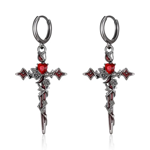 EVER FAITH Gothic Kreuz Ohrringe für Damen Halloween Punk Rock Rote Rose Blume Schwarzes Kreuz Creolen Modeschmuck von EVER FAITH